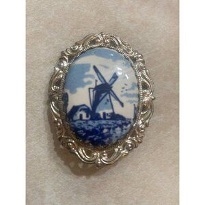 Large Oval Metal Brooch With Porcelain Motif Mill Blue/White